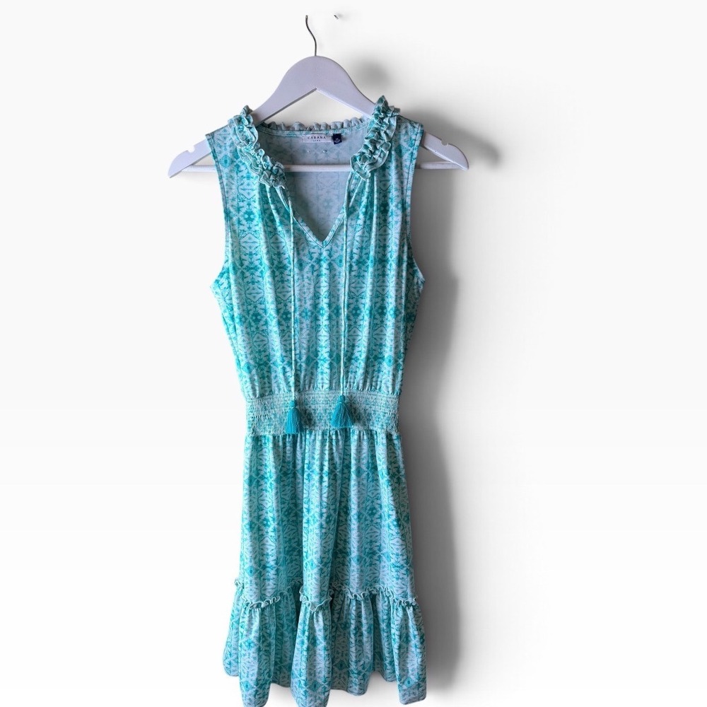 Cabana Life Turquoise Geometric Sleeveless Ruffle Smocked Waist Tassel Dress XS